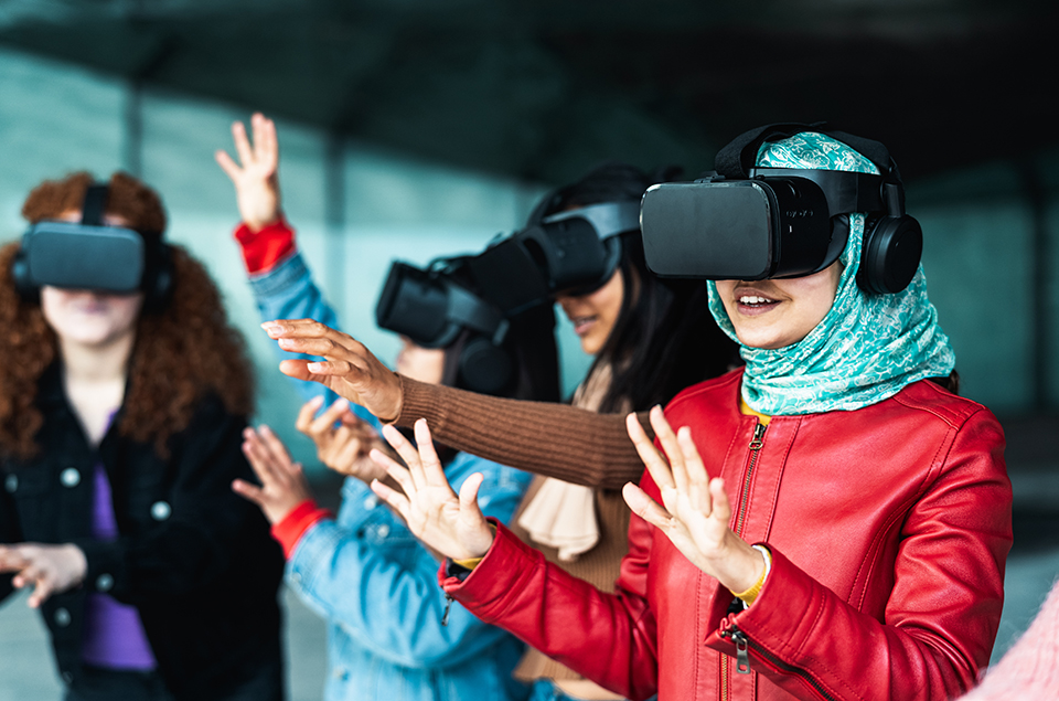 A group of students wearing VR headsets