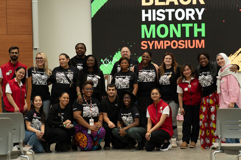 A group photo celebrating pink shirt day