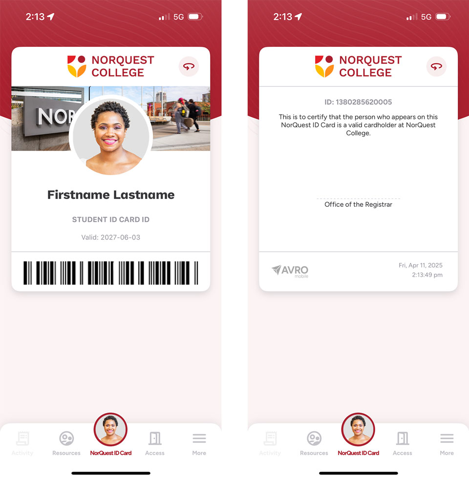 Screenshots of the NorQuest digital student ID