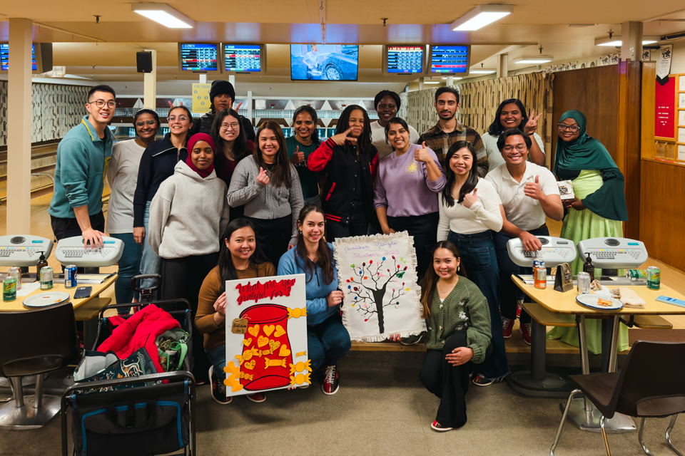 A group of international students at a bowling alley