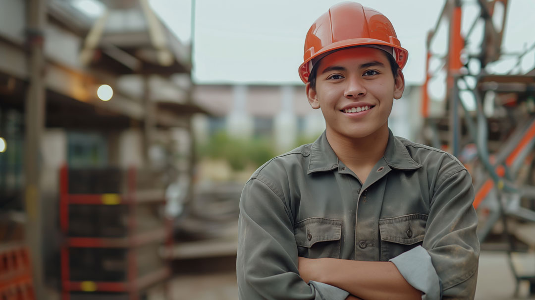 A male Indigenous man wearing a hard hat on a construction site